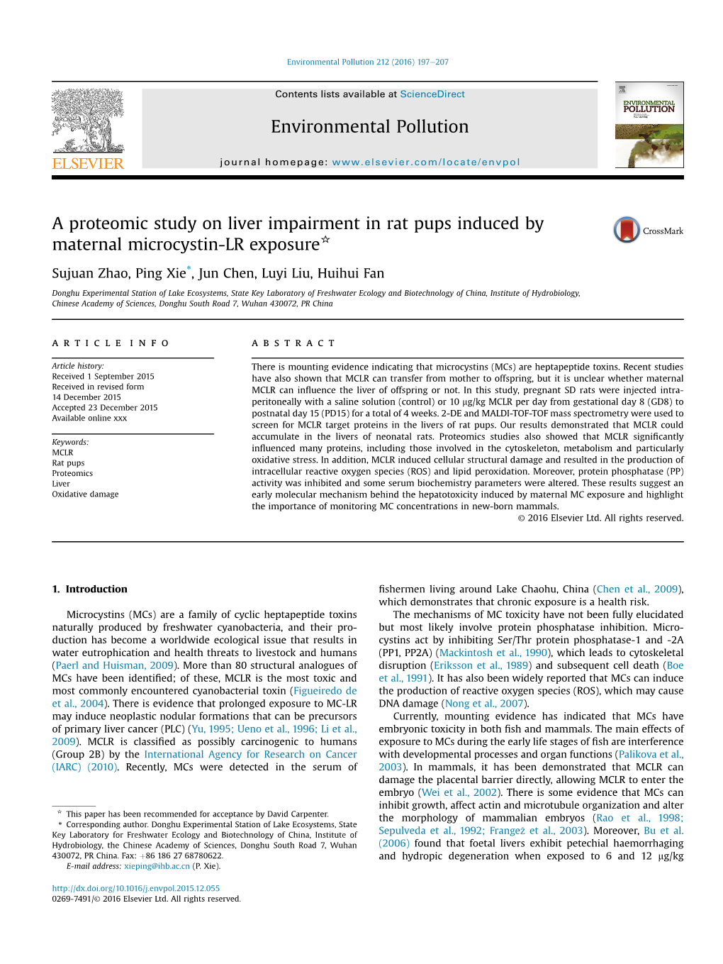 A Proteomic Study on Liver Impairment in Rat Pups Induced by Maternal Microcystin-LR Exposure*