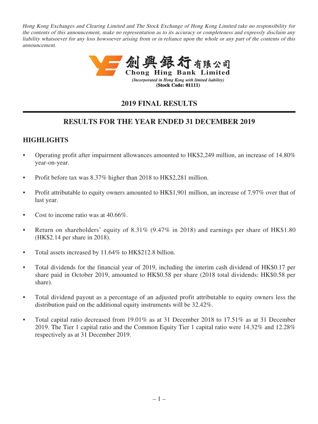 2019 Final Results Results for the Year Ended 31