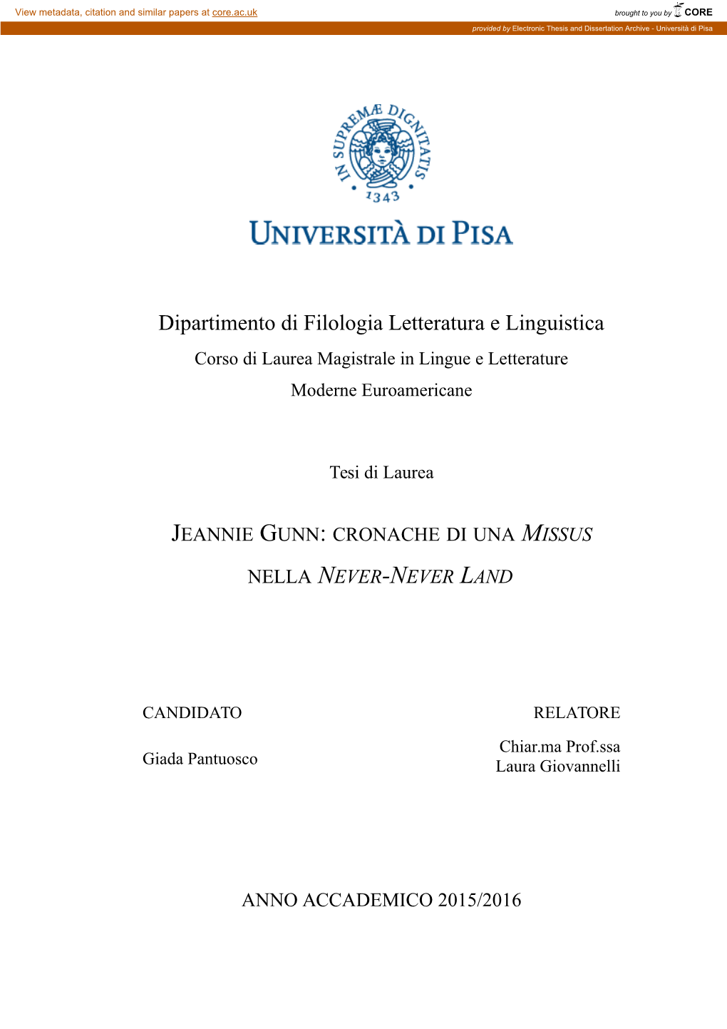 Dipartimento Di Filologia Letteratura E Linguistica Corso Di Laurea Magistrale in Lingue E Letterature Moderne Euroamericane