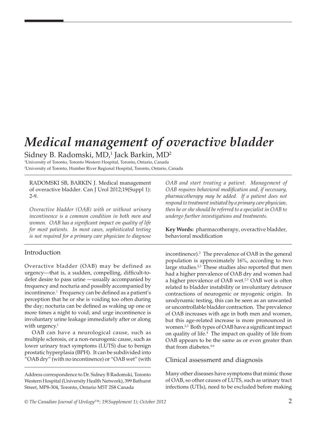 Medical Management of Overactive Bladder Sidney B