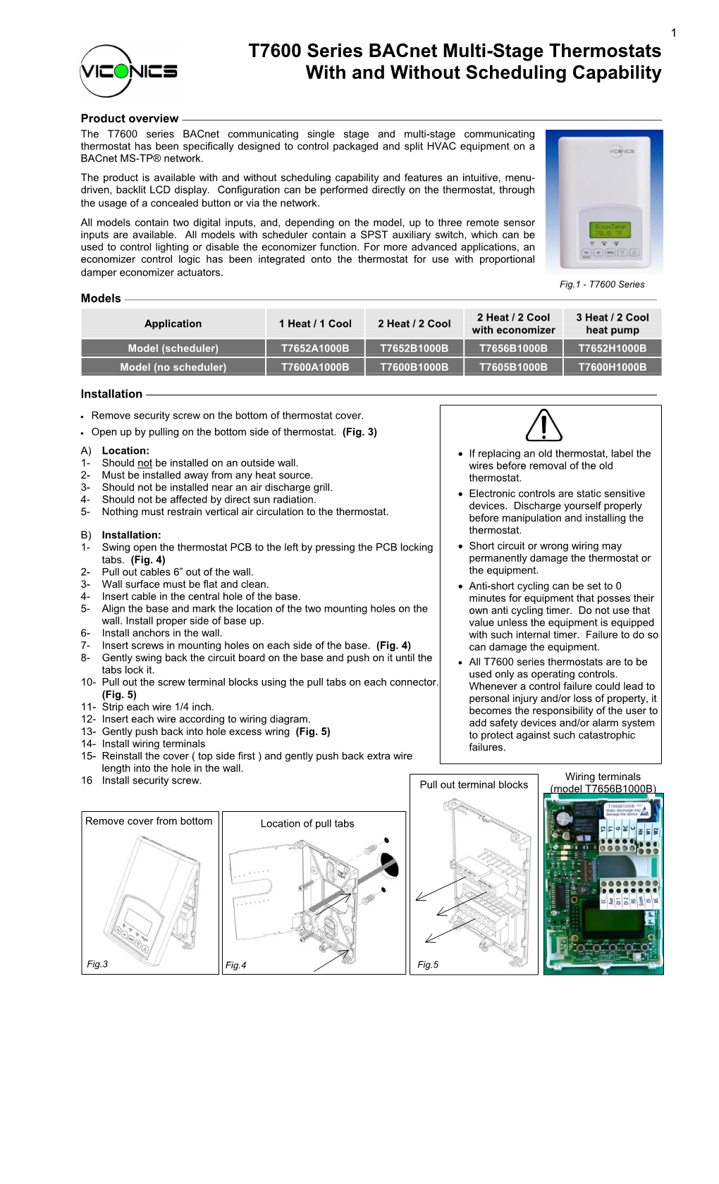 T7600 Series Bacnet Multi-Stage Thermostats with and Without Scheduling Capability