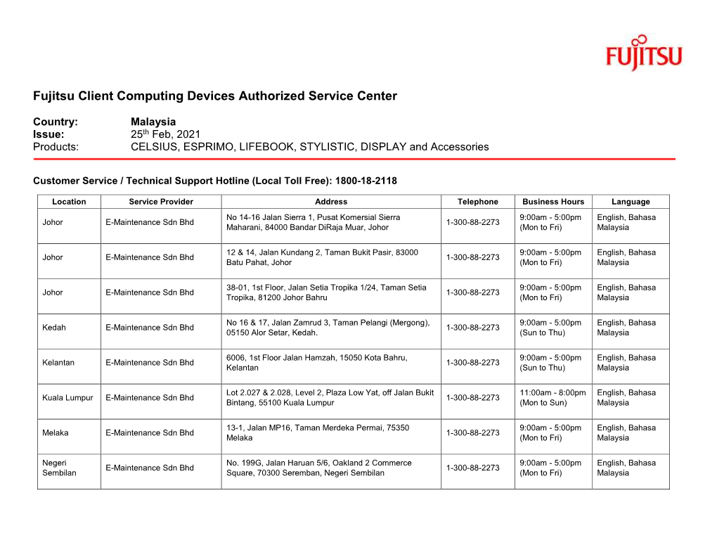 Fujitsu Client Computing Devices Authorized Service Center