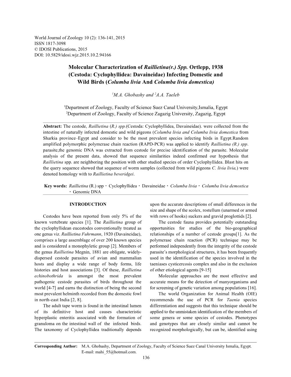 Cestoda: Cyclophyllidea: Davaineidae) Infecting Domestic and Wild Birds (Columba Livia and Columba Livia Domestica)