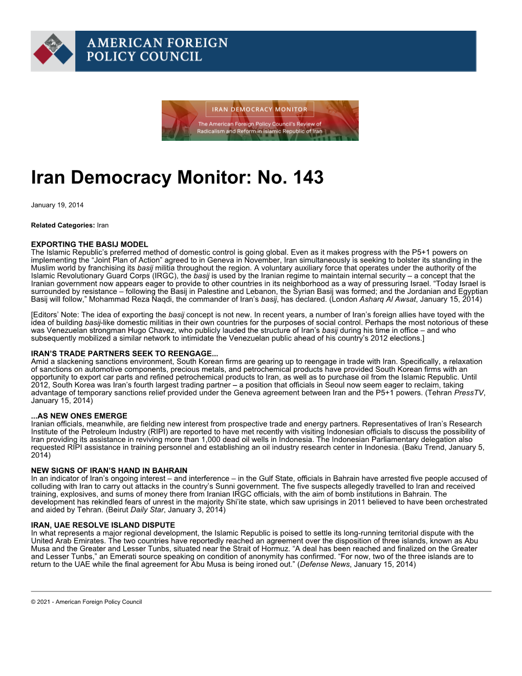Iran Democracy Monitor: No. 143 | American Foreign Policy Council