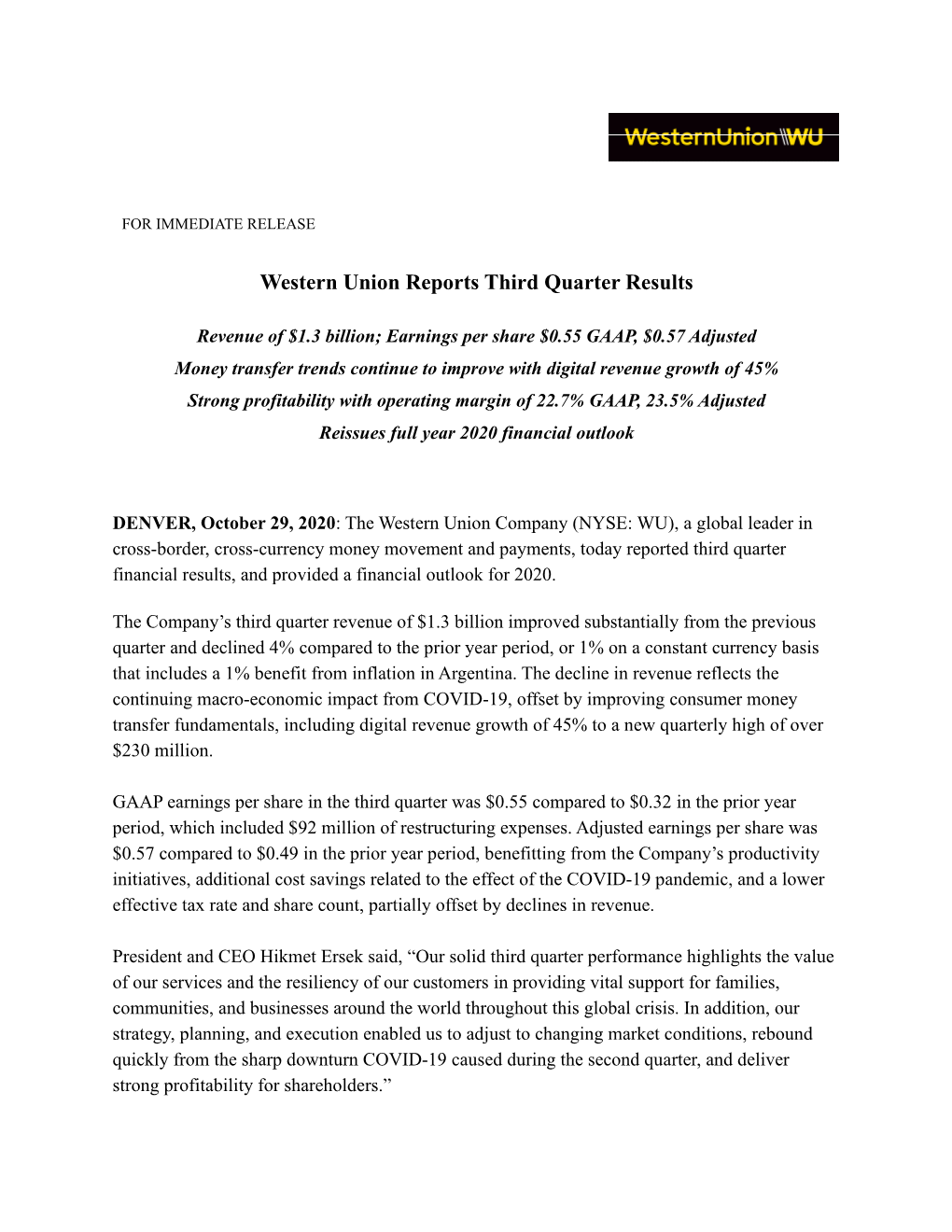 Western Union Reports Third Quarter Results