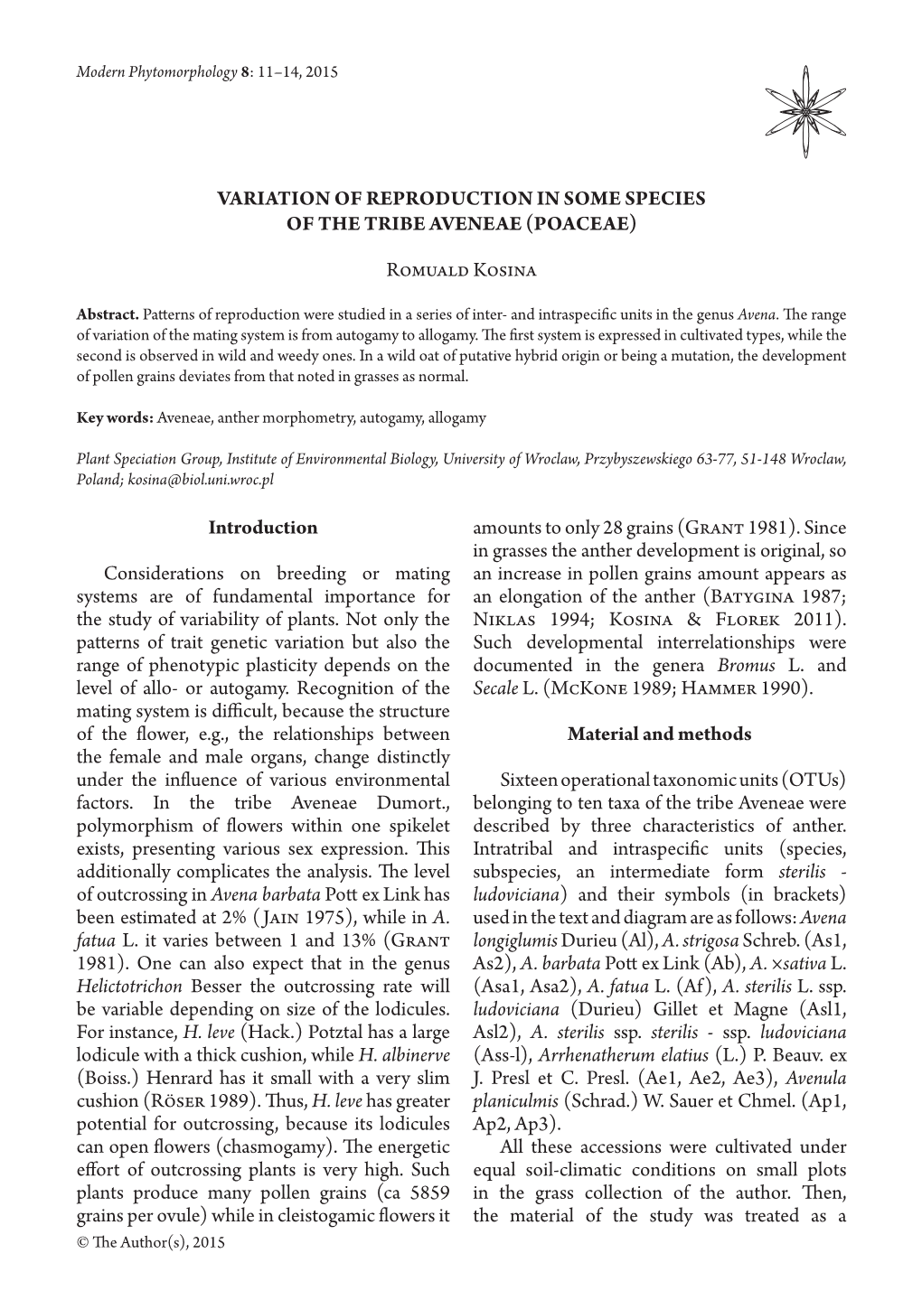 Variation of Reproduction in Some Species of the Tribe Aveneae (Poaceae)