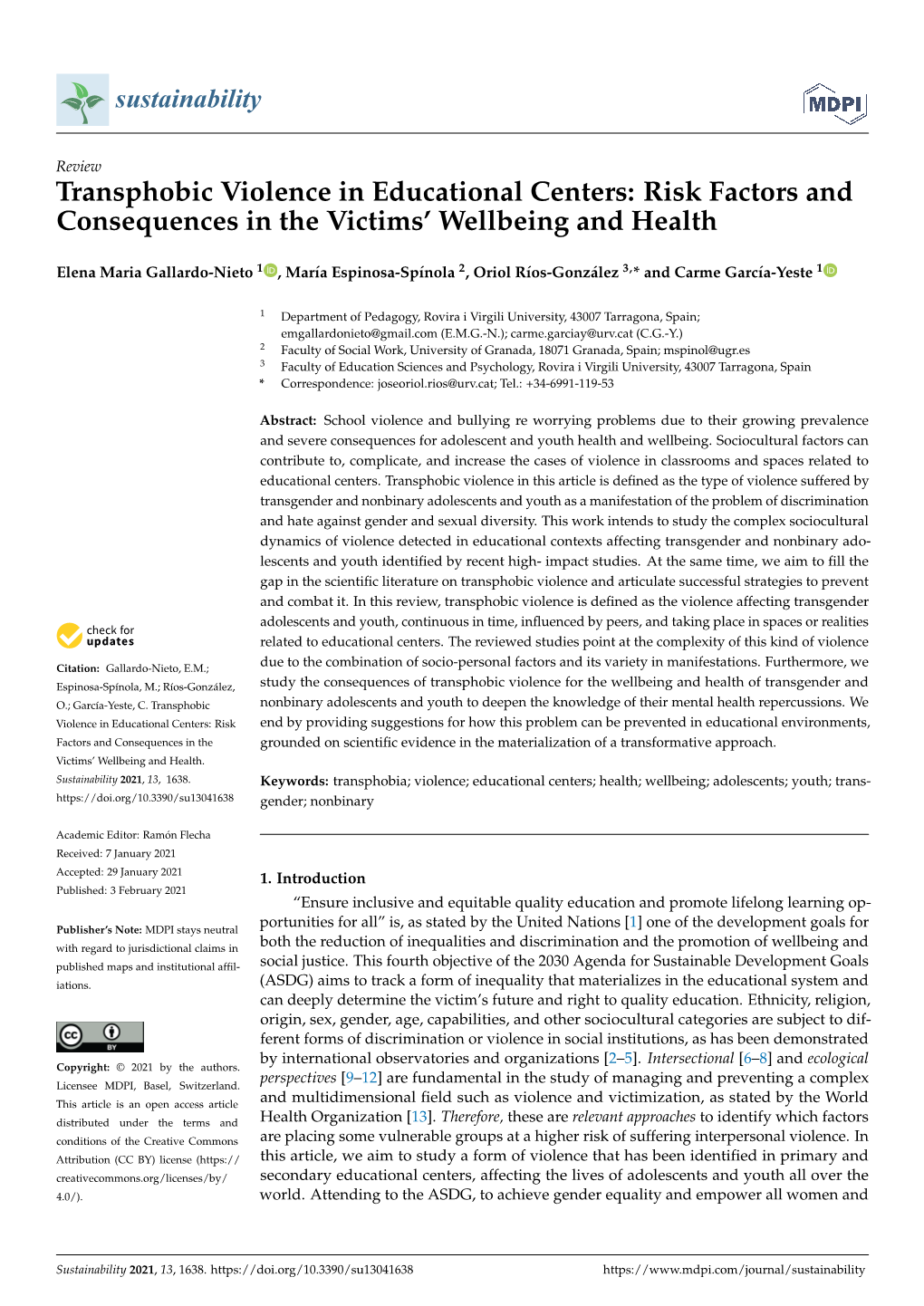 Transphobic Violence in Educational Centers: Risk Factors and Consequences in the Victims’ Wellbeing and Health