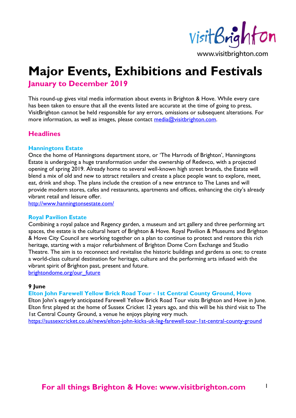 Major Events, Exhibitions and Festivals January to December 2019