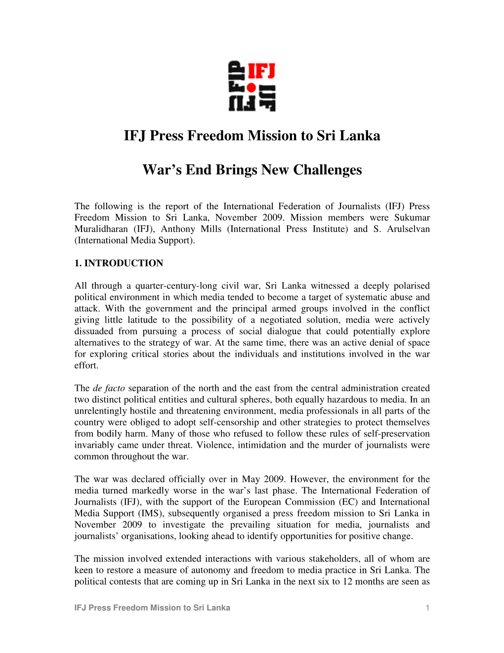 IFJ Press Freedom Mission to Sri Lanka War's End Brings New