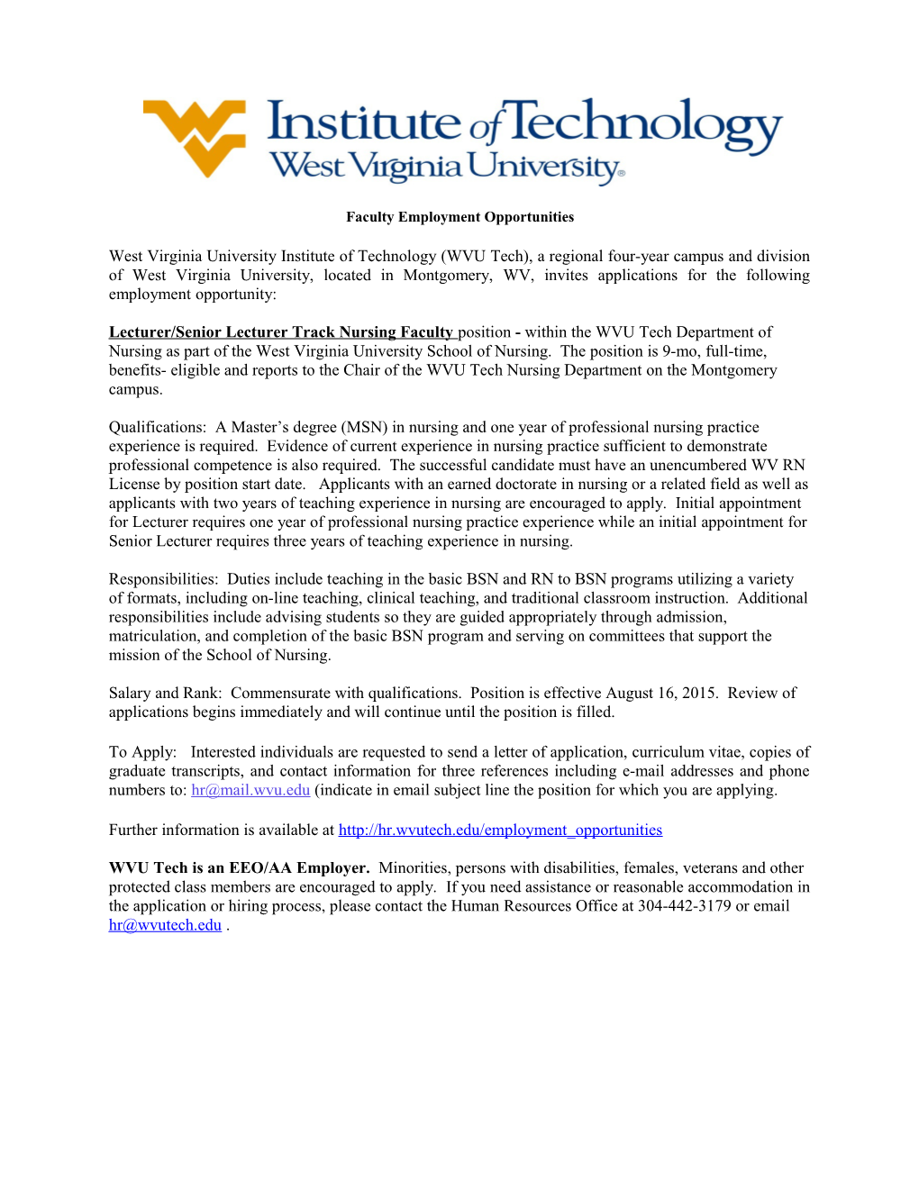 Wvu Tech - Position Vacancy