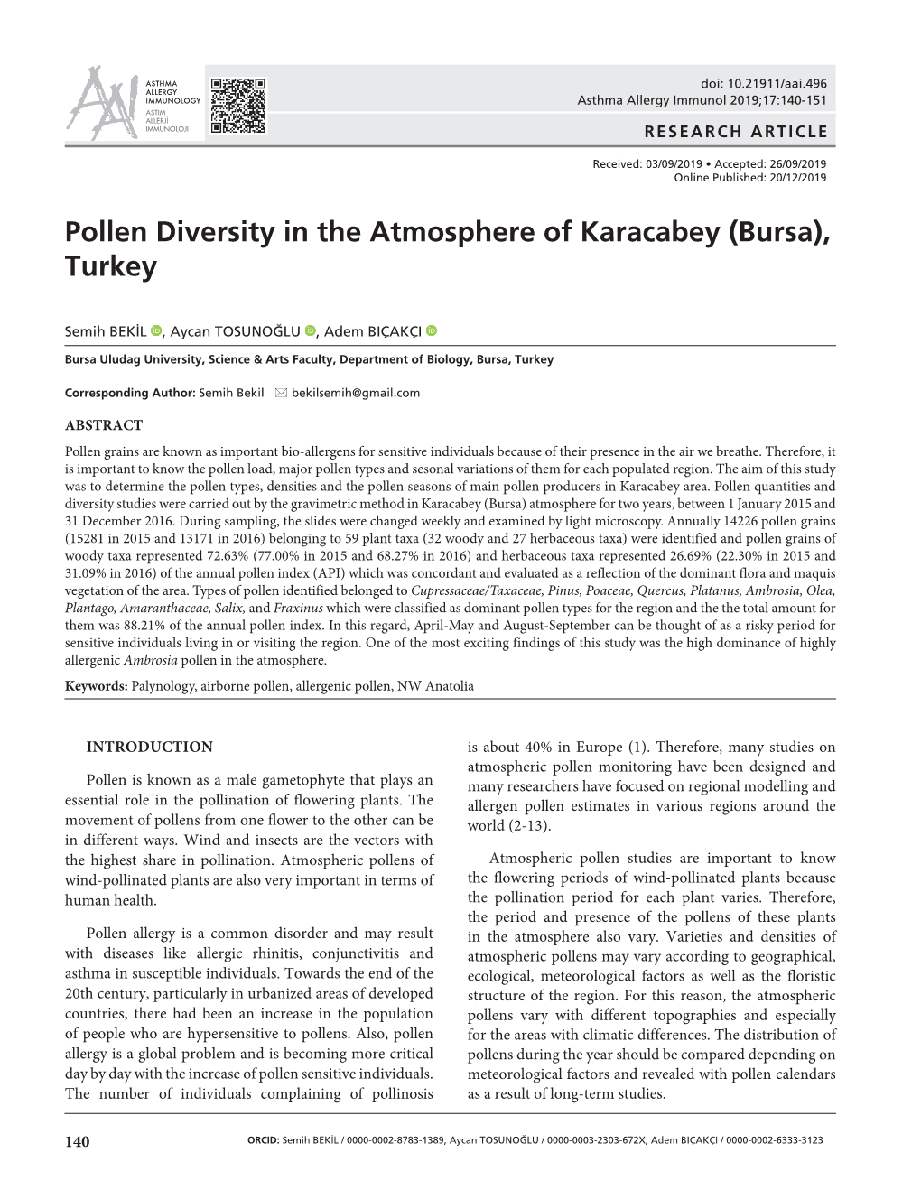 Pollen Diversity in the Atmosphere of Karacabey (Bursa), Turkey