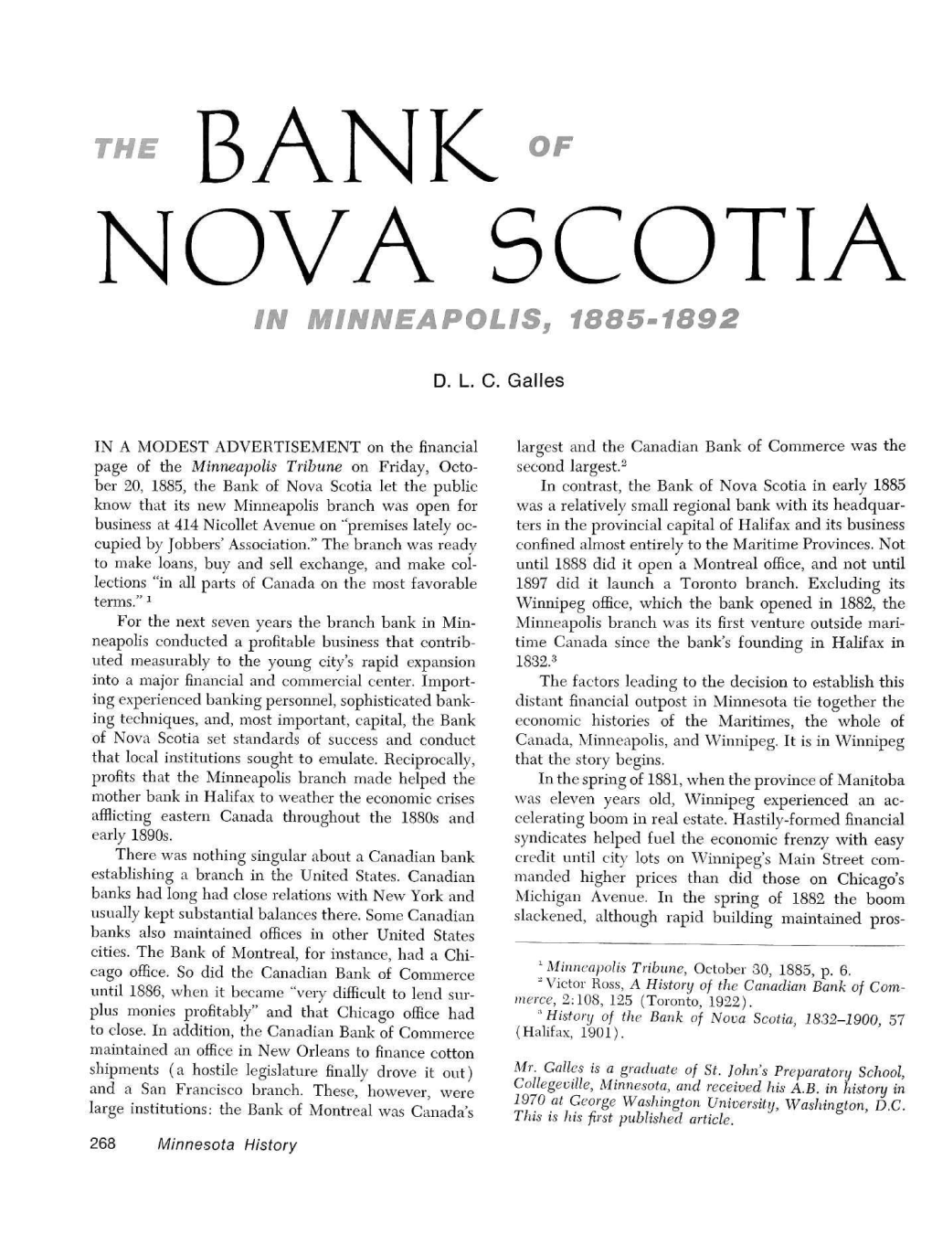 The Bank of Nova Scotia in Minneapolis, 1885-1892 [By] D.L.C