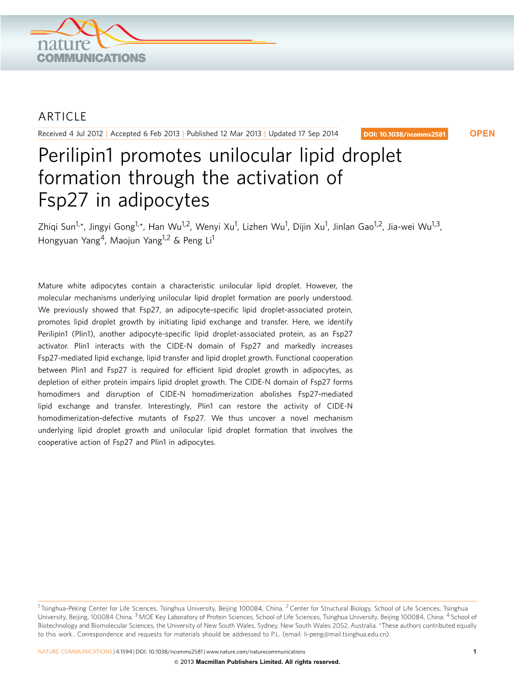 Perilipin1 Promotes Unilocular Lipid Droplet Formation Through the Activation of Fsp27 in Adipocytes