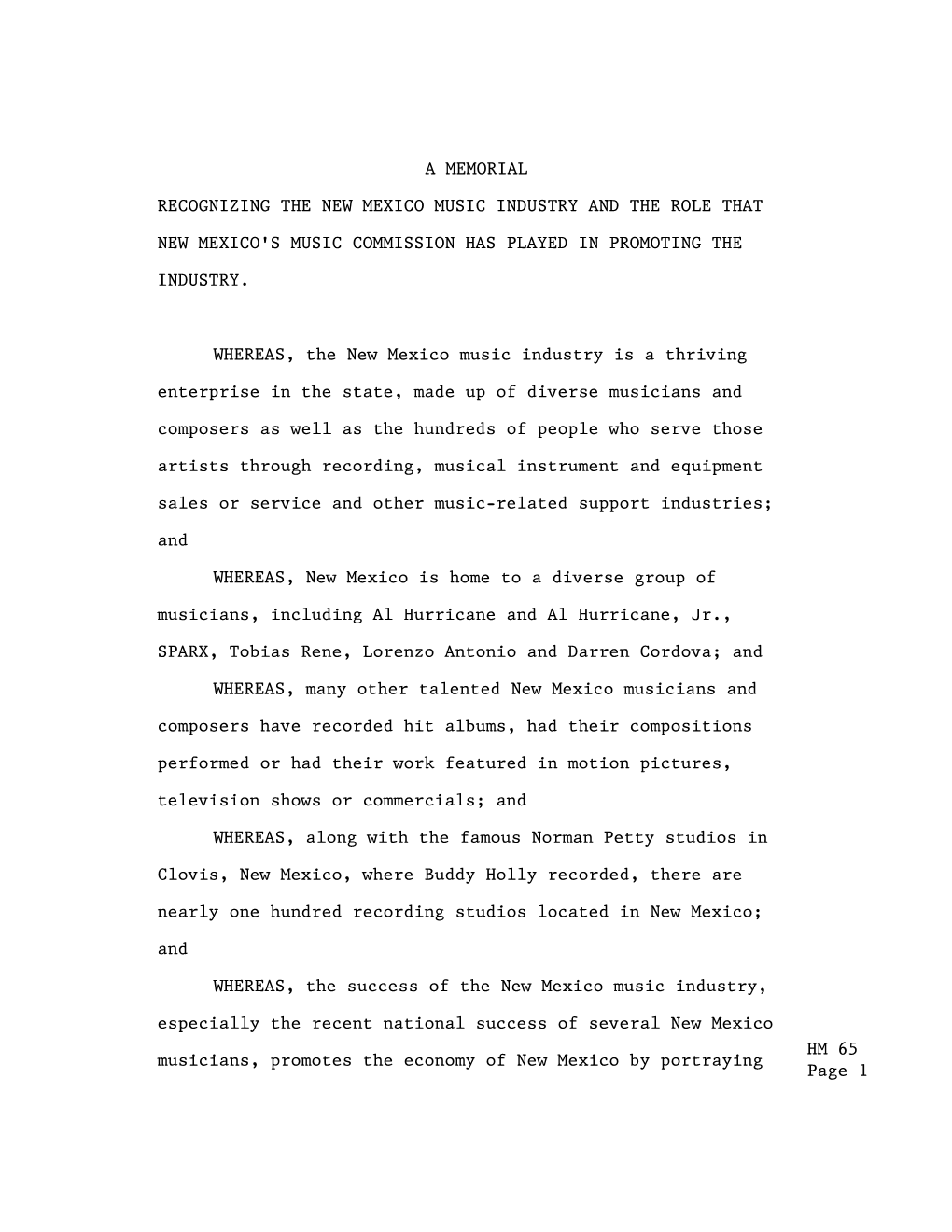 HM 65 Page 1 a MEMORIAL RECOGNIZING the NEW MEXICO MUSIC INDUSTRY and the ROLE THAT NEW MEXICO's MUSIC COMMISSION HAS PLAYED IN