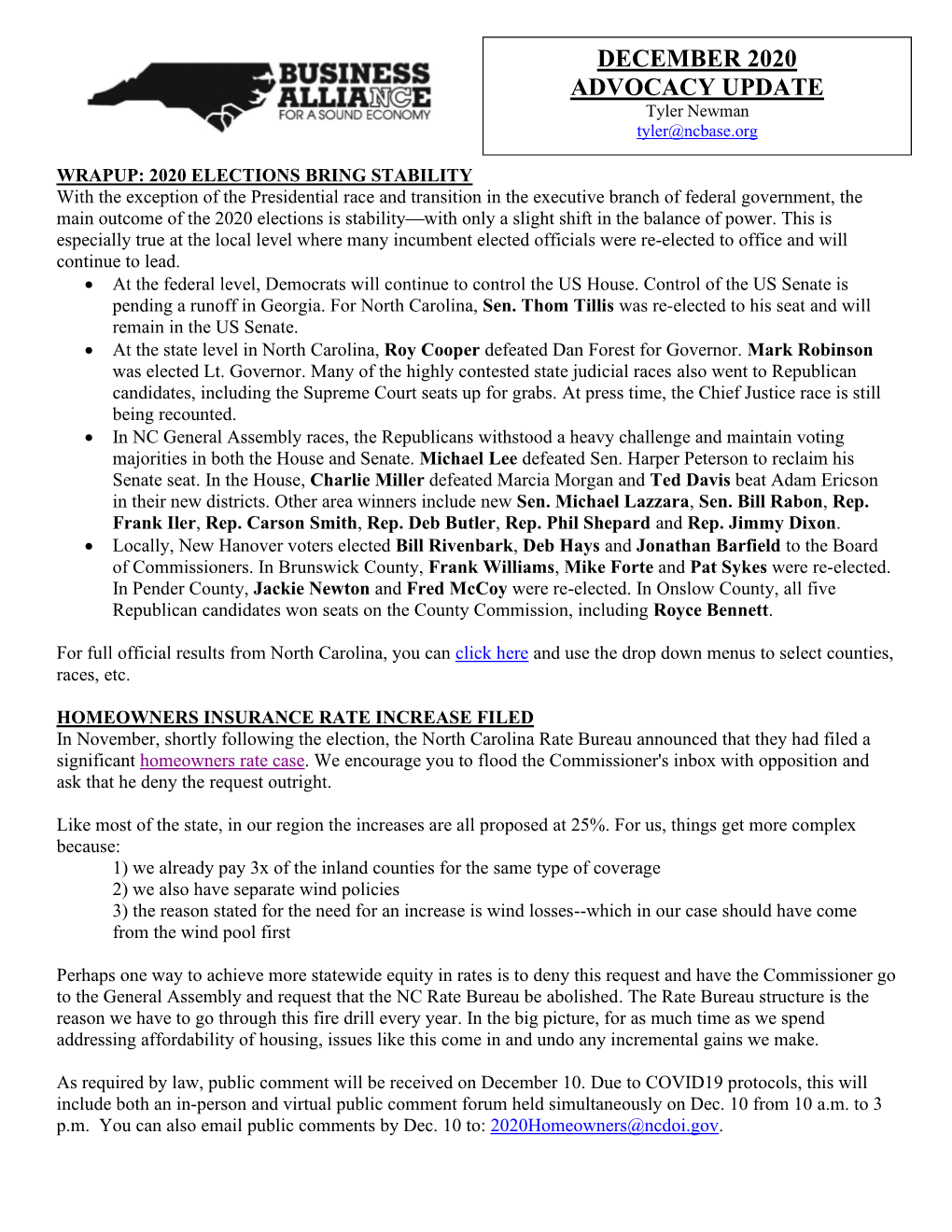 DECEMBER 2020 ADVOCACY UPDATE Tyler Newman Tyler@Ncbase.Org