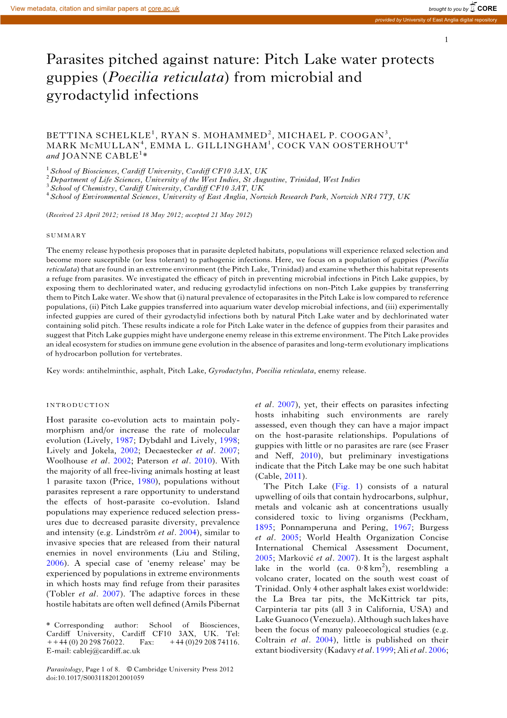 Pitch Lake Water Protects Guppies (Poecilia Reticulata) from Microbial and Gyrodactylid Infections