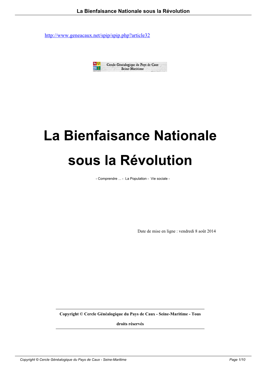 La Bienfaisance Nationale Sous La Révolution