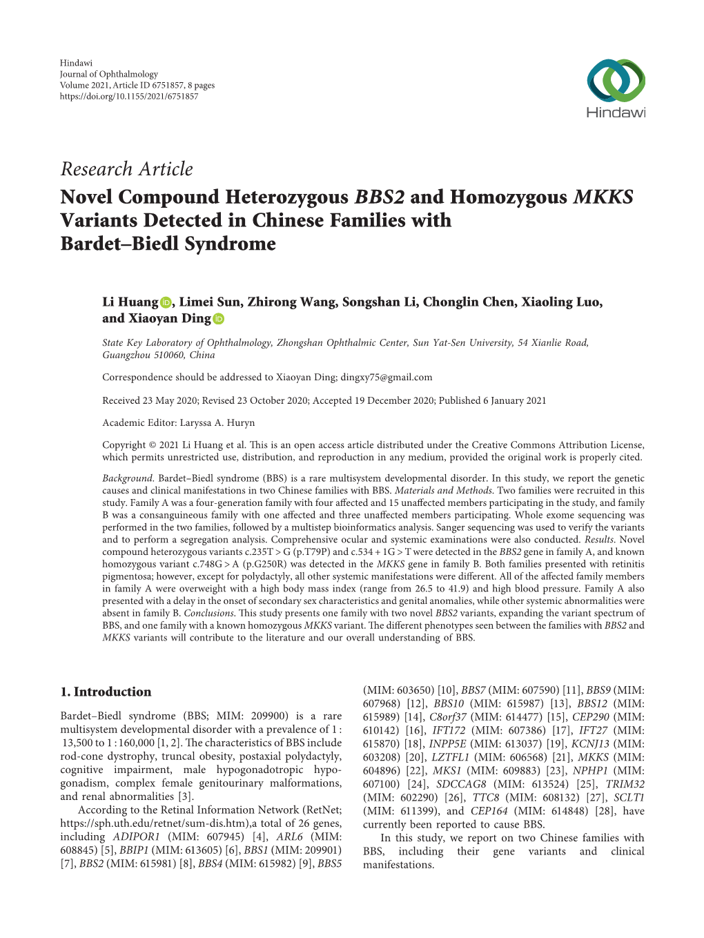 Novel Compound Heterozygous BBS2 and Homozygous MKKS Variants Detected in Chinese Families with Bardet–Biedl Syndrome