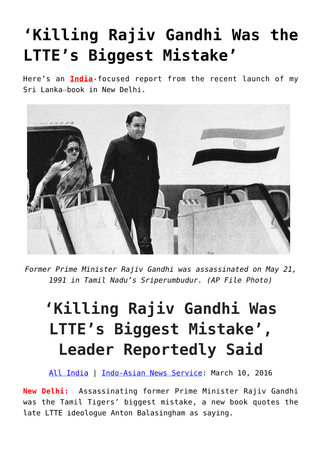 Killing Rajiv Gandhi Was the LTTE&#8217