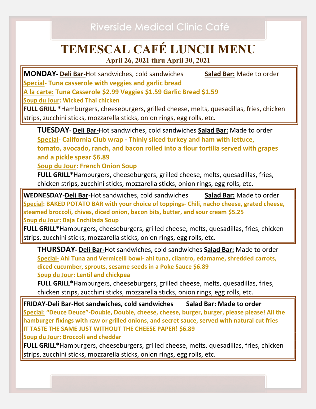 Temescal Café Lunch Menu