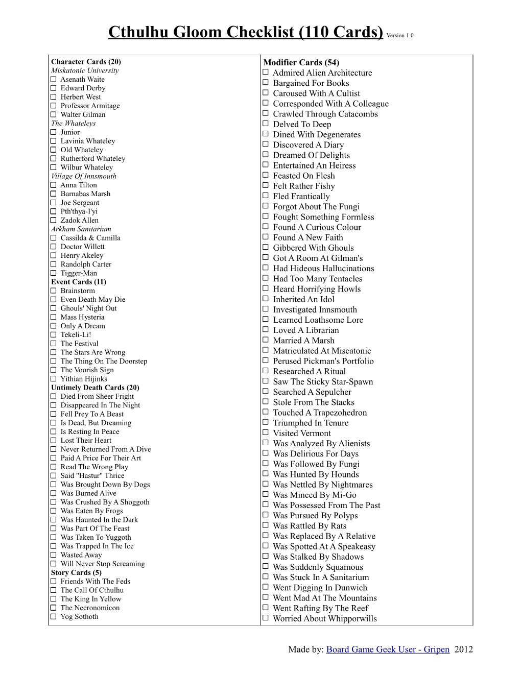 Cthulhu Gloom Checklist (110 Cards) Version 1.0