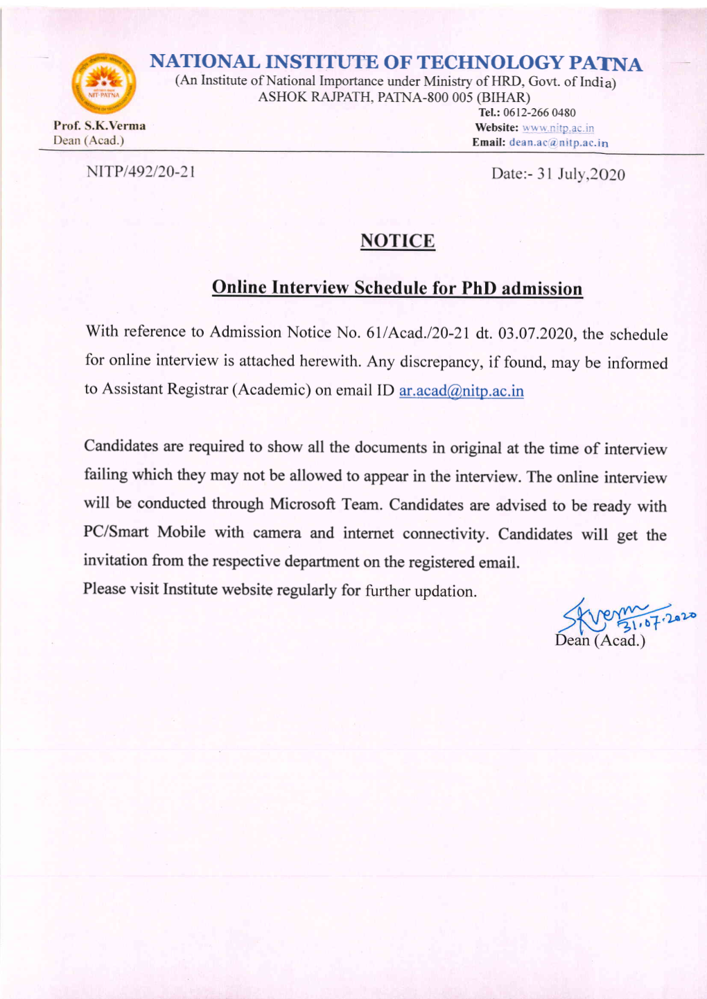 Online Interview Schedule for Phd Admission