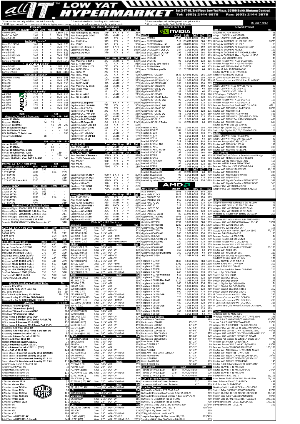 05 JULY 2012 Processor Intel Chipset Motherboard Graphic Card PCI-E Network Product INTEL LGA1155 Bundle* Ghz Core Threads L2 RM Intel LGA2011 C.Set Size Grap
