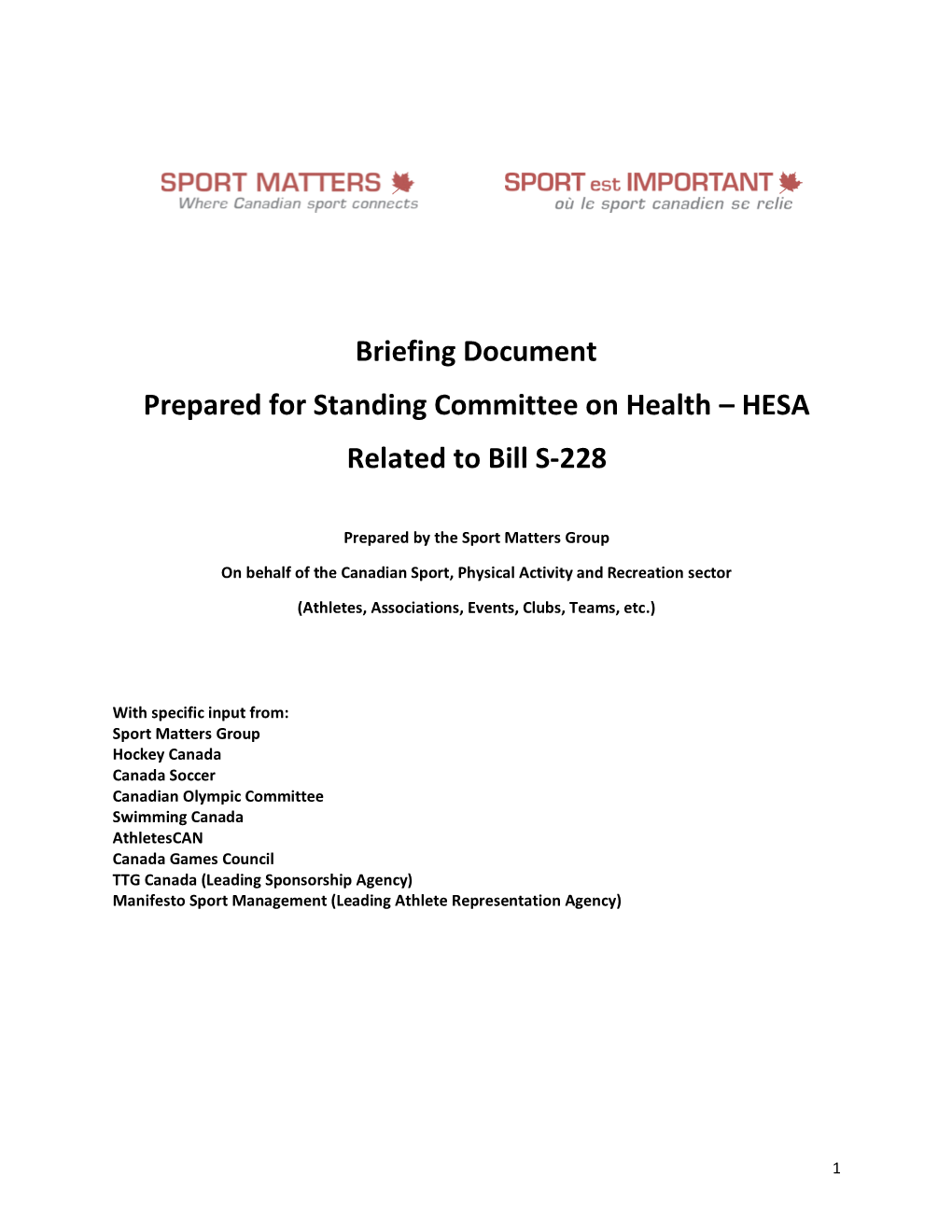 Briefing Document Prepared for Standing Committee on Health – HESA Related to Bill S-228