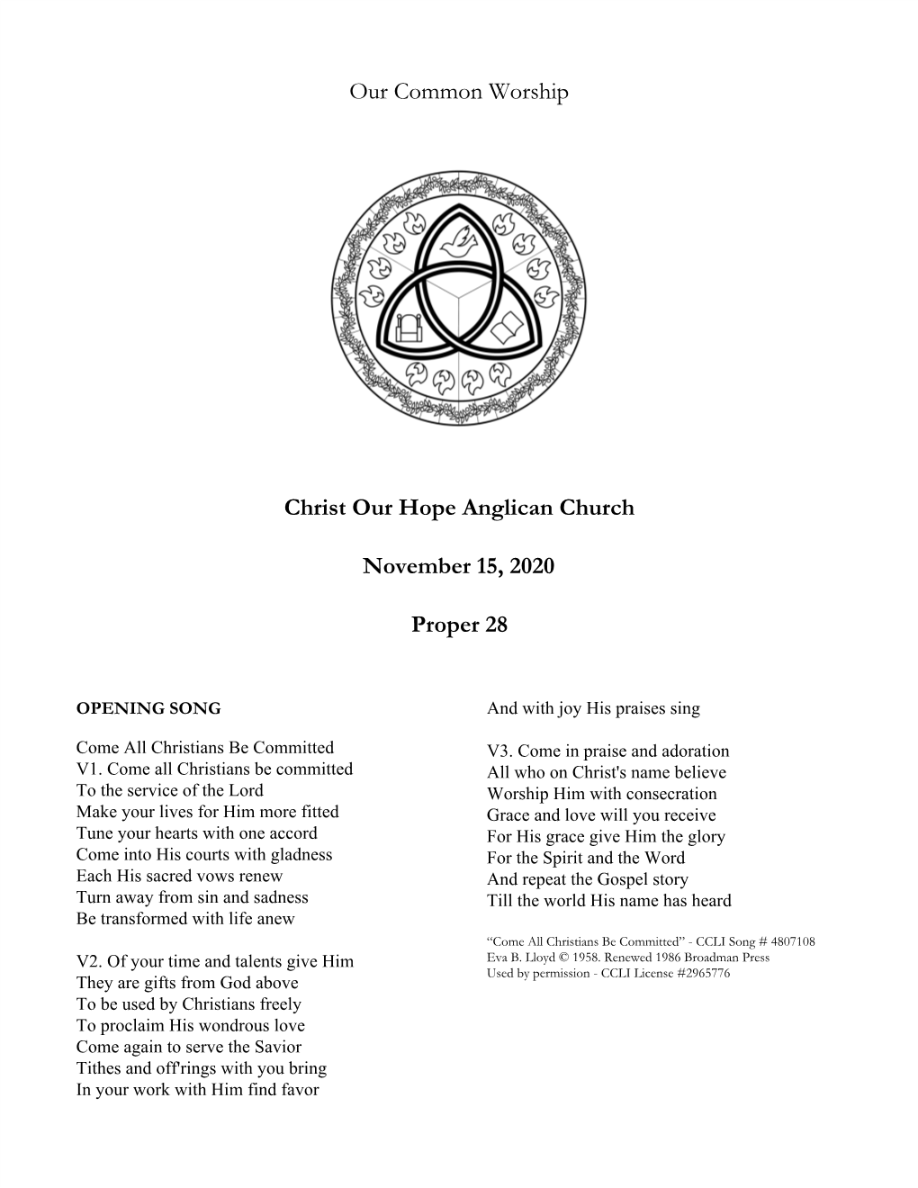 Our Common Worship Christ Our Hope Anglican Church November
