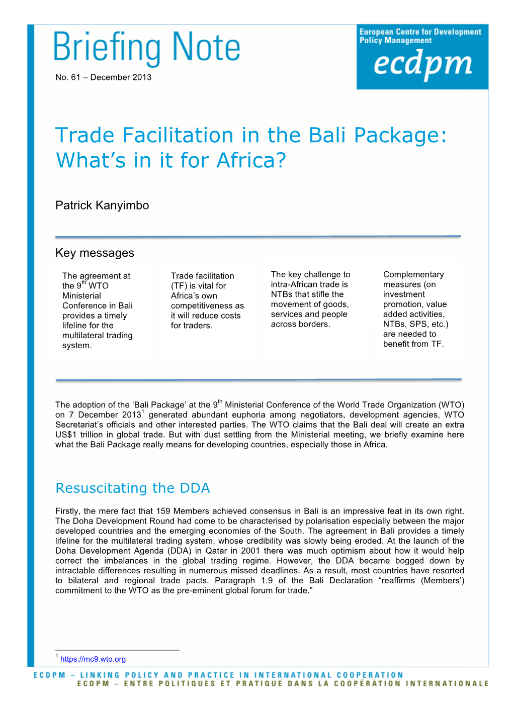 Trade Facilitation in the Bali Package: What’S in It for Africa?