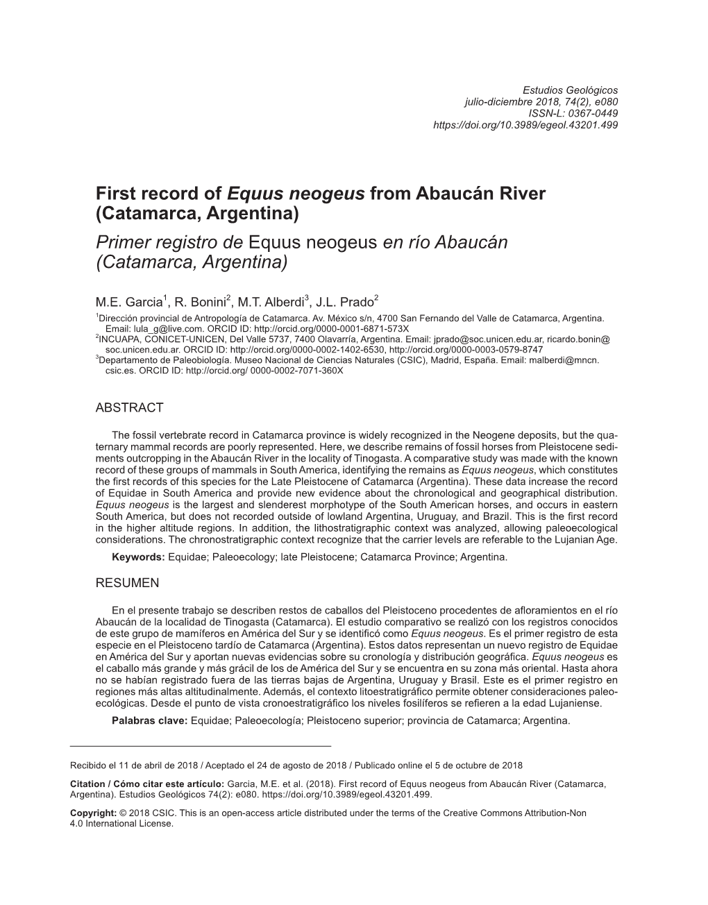 First Record of Equus Neogeus from Abaucán River (Catamarca, Argentina) Primer Registro De Equus Neogeus En Río Abaucán (Catamarca, Argentina)