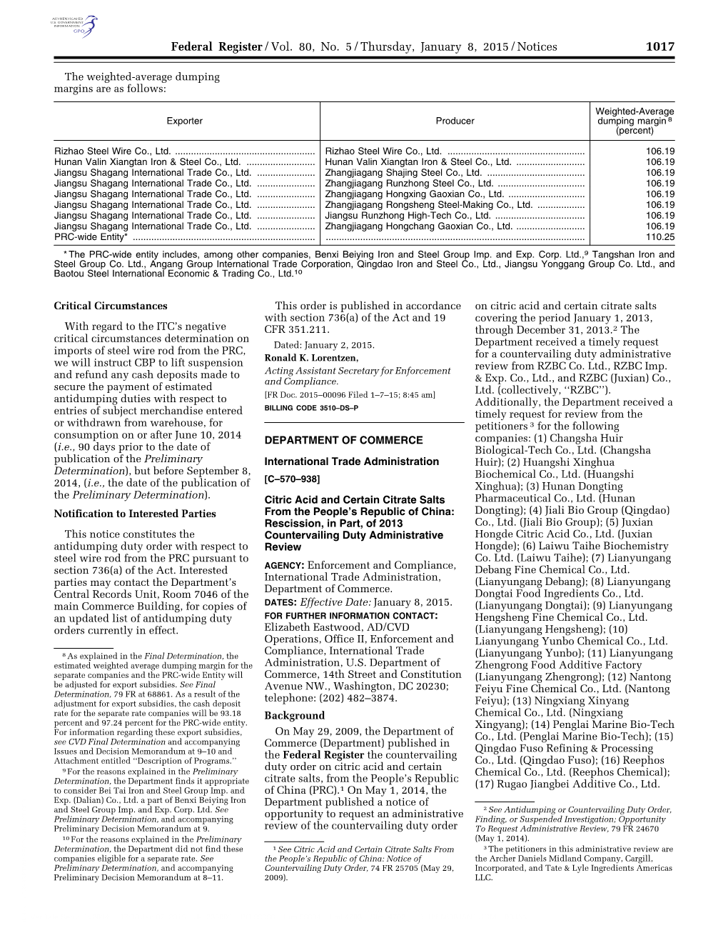 Federal Register/Vol. 80, No. 5/Thursday, January 8, 2015/Notices