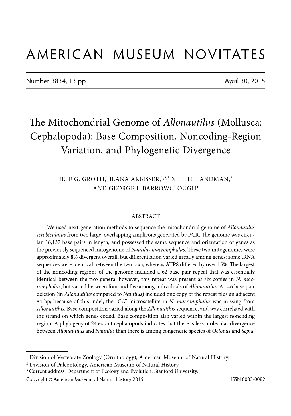 The Mitochondrial Genome of Allonautilus (Mollusca: Cephalopoda): Base Composition, Noncoding-Region Variation, and Phylogenetic Divergence