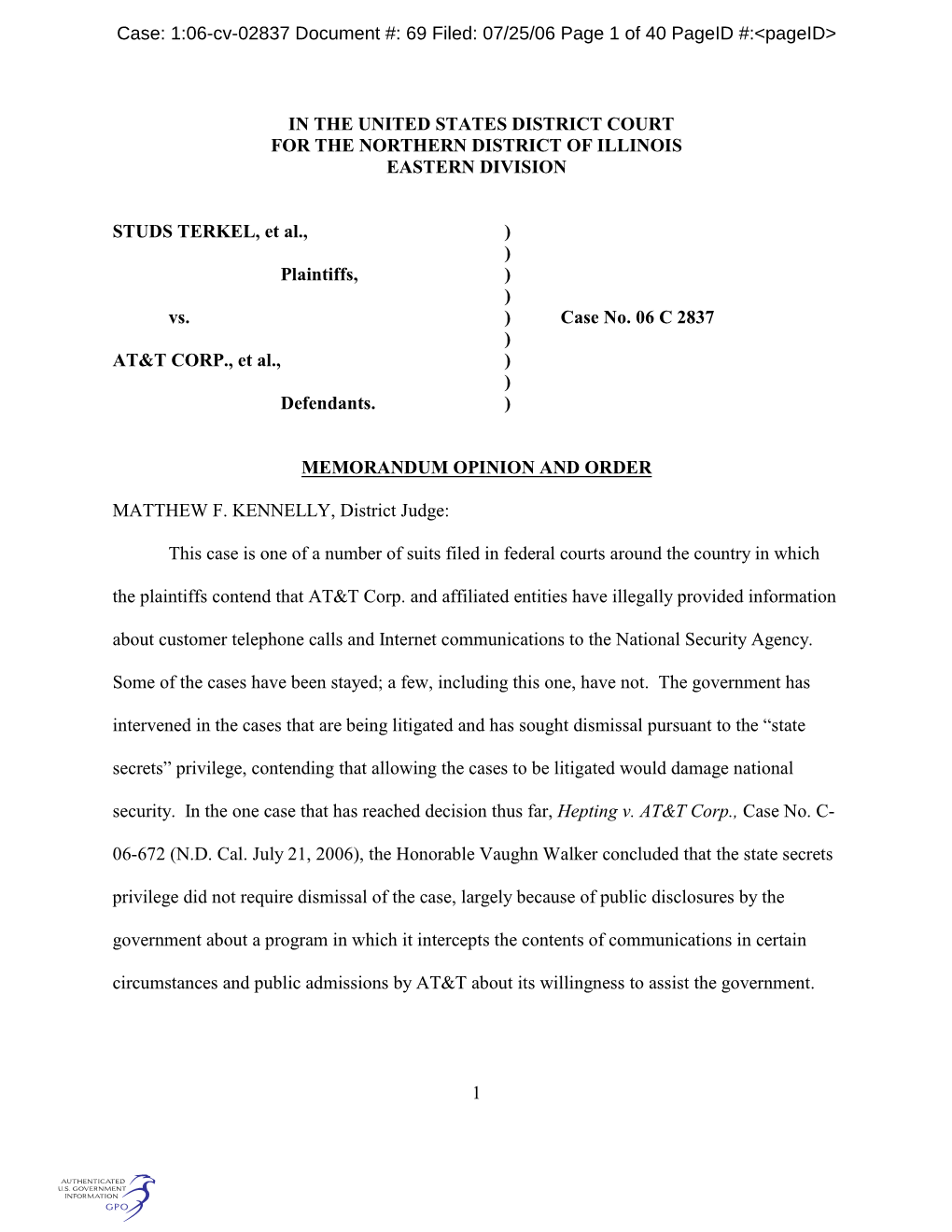 Plaintiffs Have Filed a Putative Class Action Lawsuit Against AT&T Corp