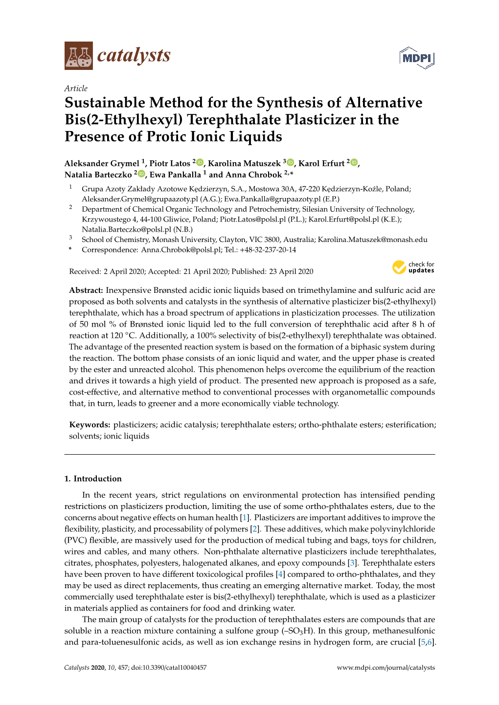 Terephthalate Plasticizer in the Presence of Protic Ionic Liquids