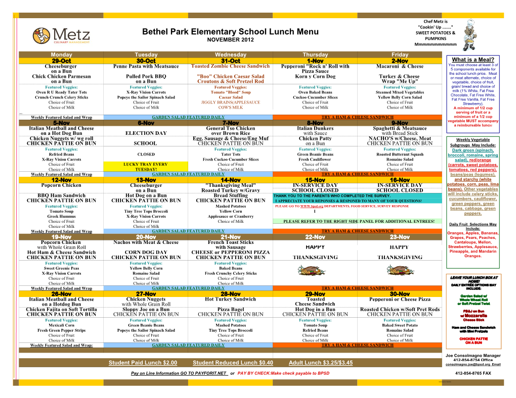 Bethel Park Elementary School Lunch Menu