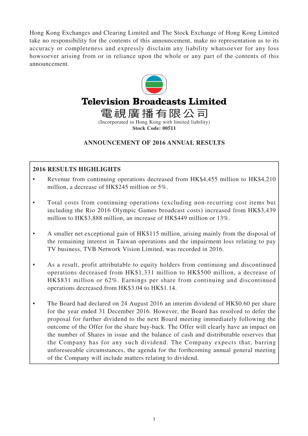 Announcement of 2016 Annual Results