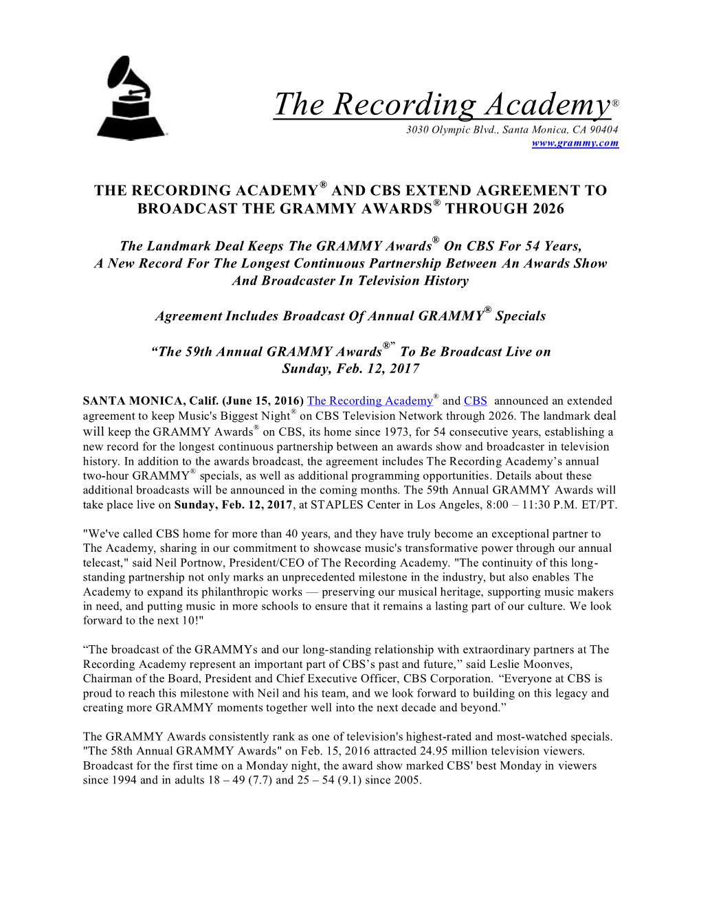 The Recording Academy® and Cbs Extend Agreement to Broadcast the Grammy Awards® Through 2026