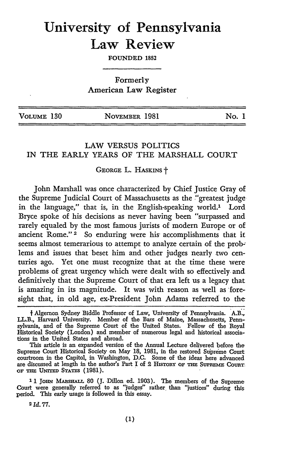 Law Versus Politics in the Early Years of the Marshall Court