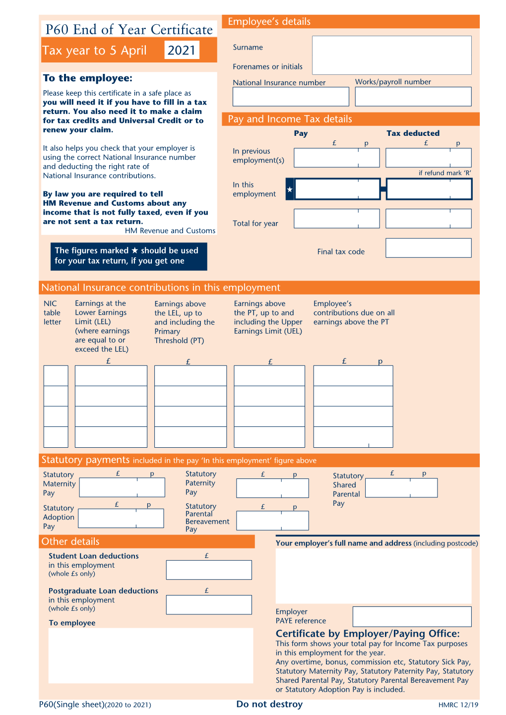 P60 End of Year Certificate Tax Year to 5 April 2021 Surname Forenames Or Initials