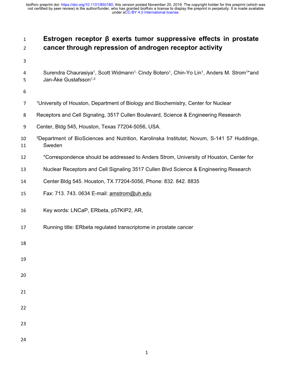 Estrogen Receptor Β Exerts Tumor Suppressive Effects in Prostate 2 Cancer Through Repression of Androgen Receptor Activity