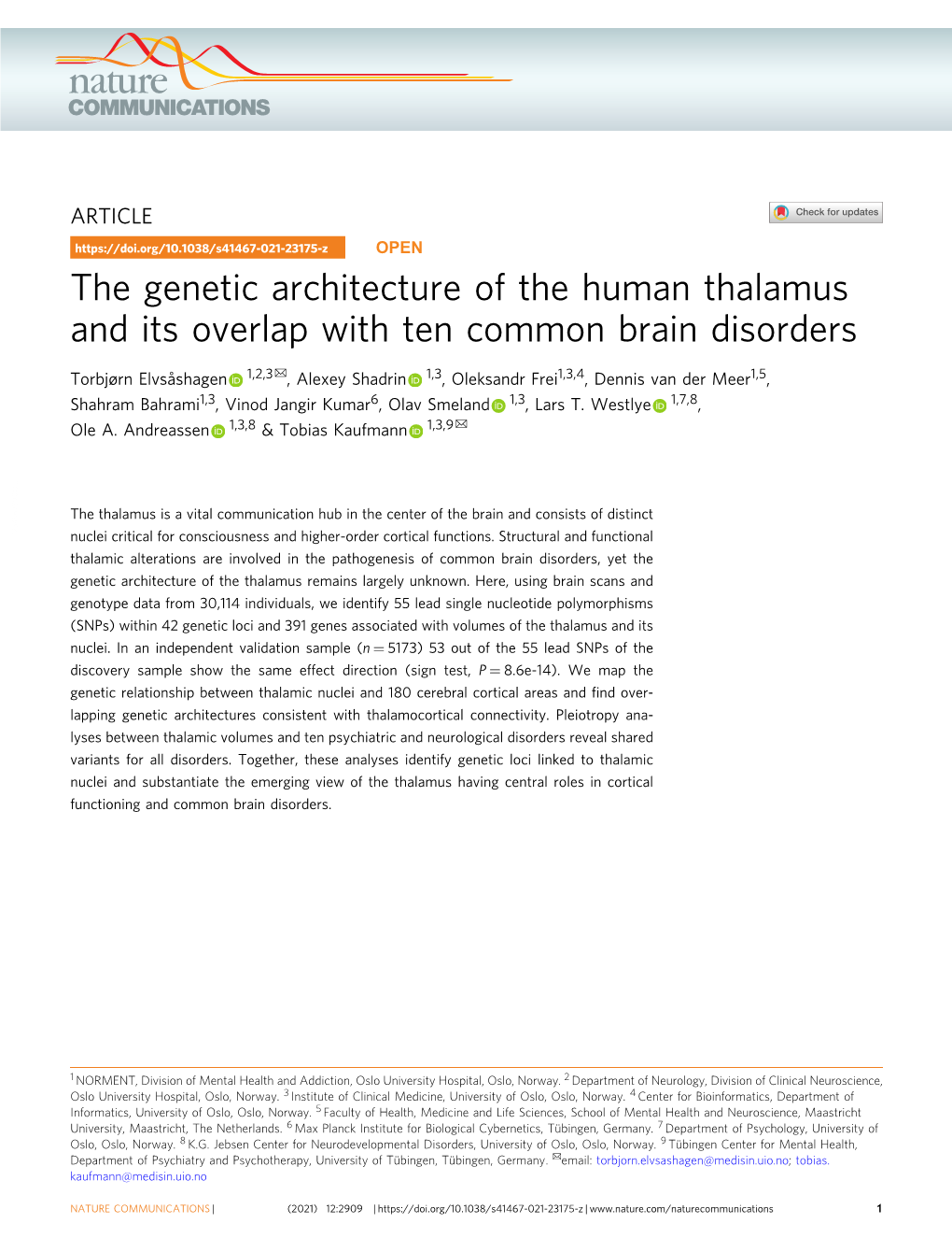 The Genetic Architecture of the Human Thalamus and Its Overlap with Ten
