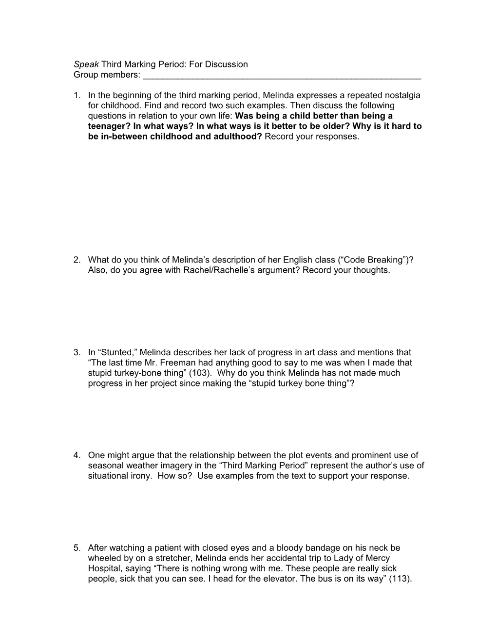 Speak Third Marking Period: for Discussion