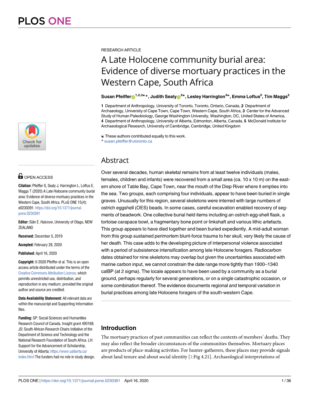 A Late Holocene Community Burial Area: Evidence of Diverse Mortuary Practices in the Western Cape, South Africa