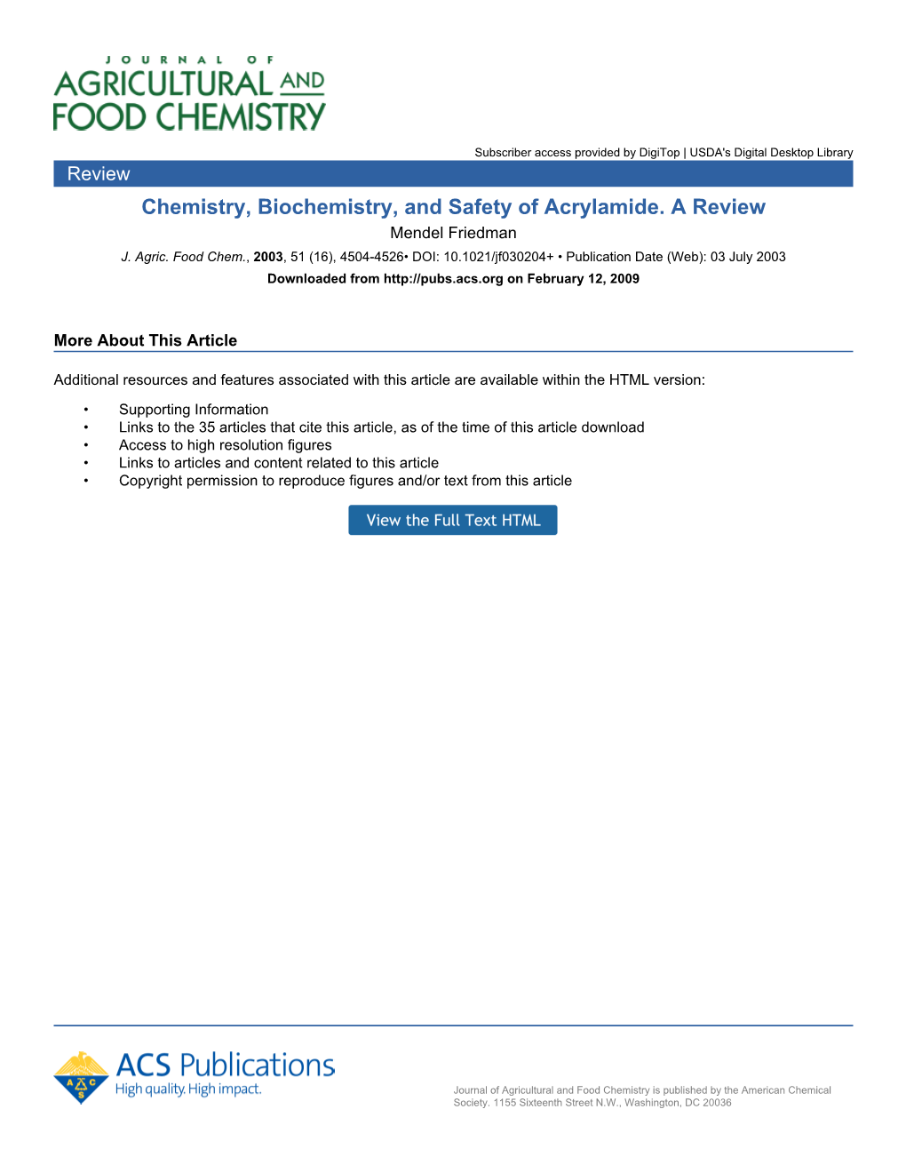 Chemistry, Biochemistry, and Safety of Acrylamide. a Review Mendel Friedman J