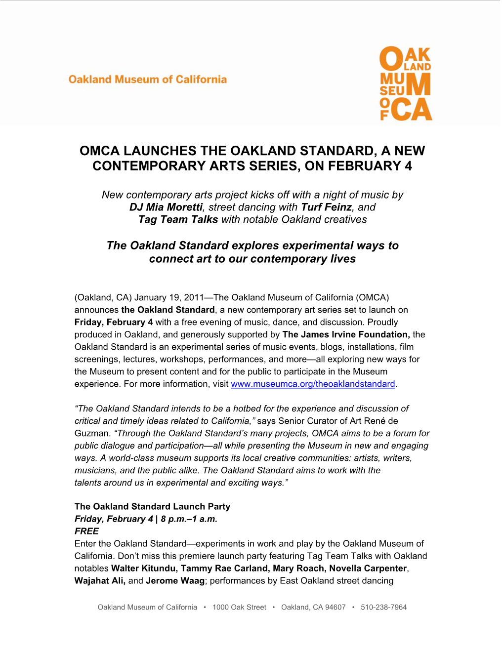 Omca Launches the Oakland Standard, a New Contemporary Arts Series, on February 4