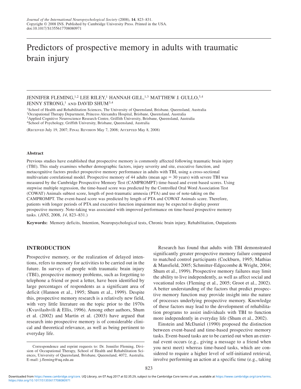 Predictors of Prospective Memory in Adults with Traumatic Brain Injury