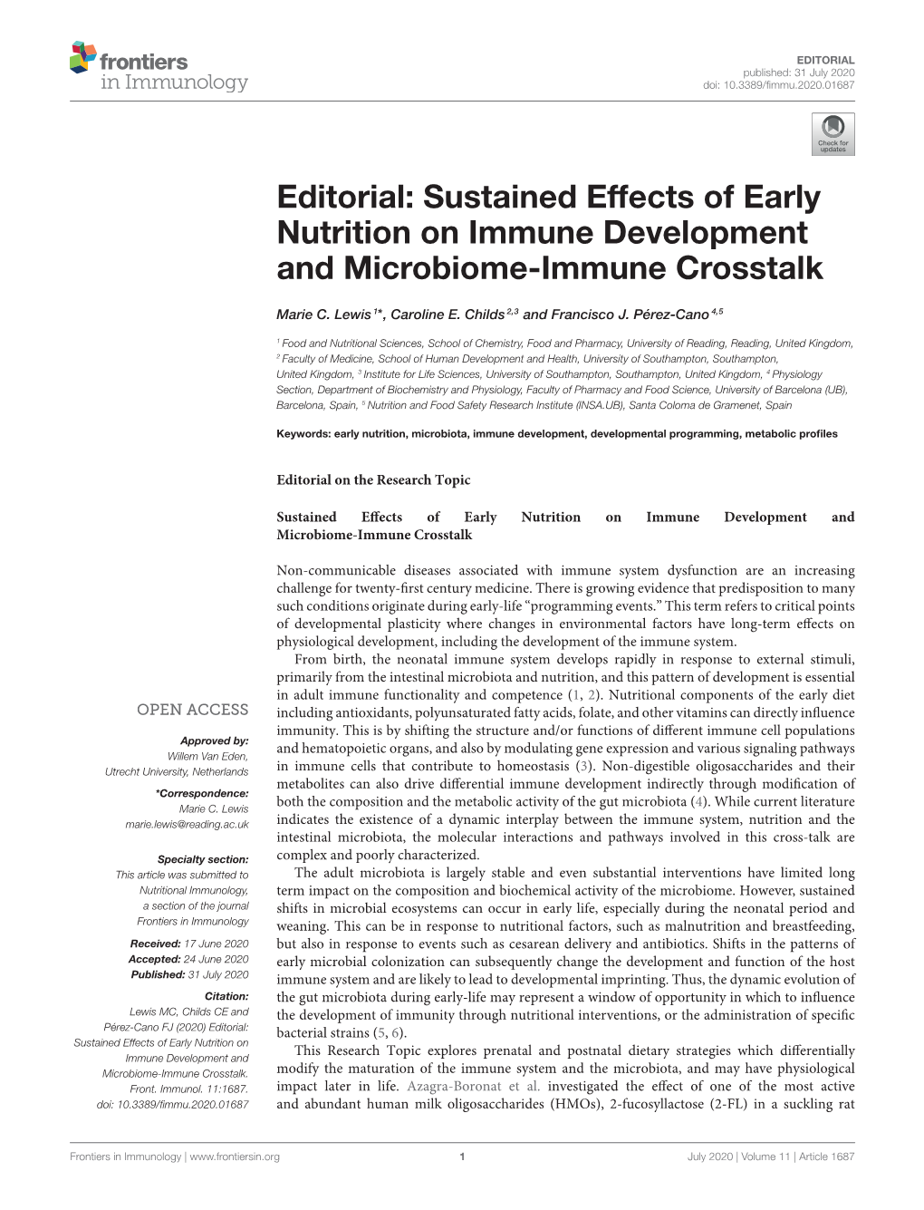 Editorial: Sustained Effects of Early Nutrition on Immune Development and Microbiome-Immune Crosstalk