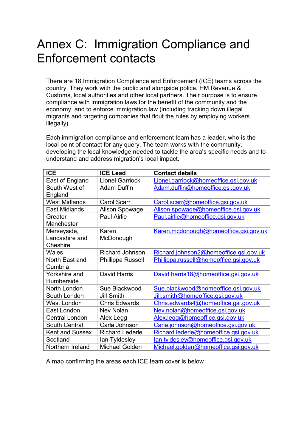 Annex C: Immigration Compliance and Enforcement Contacts