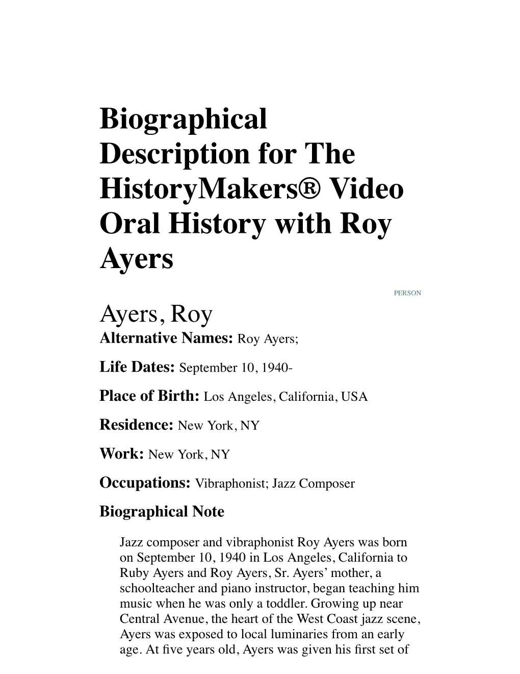 Biographical Description for the Historymakers® Video Oral History with Roy Ayers